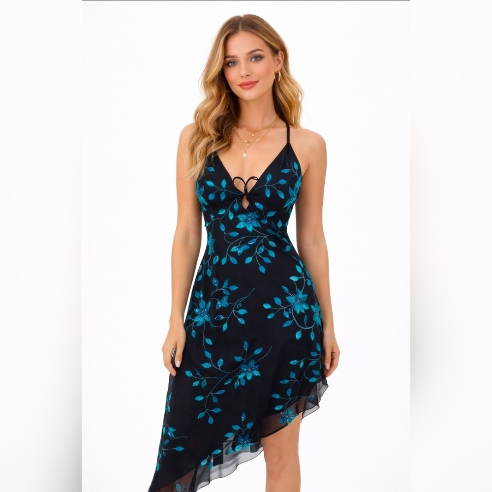 CACHE Vintage Asymmetrical Dress Embellished Glam Size‎ Large Black Blue Y2K 90s